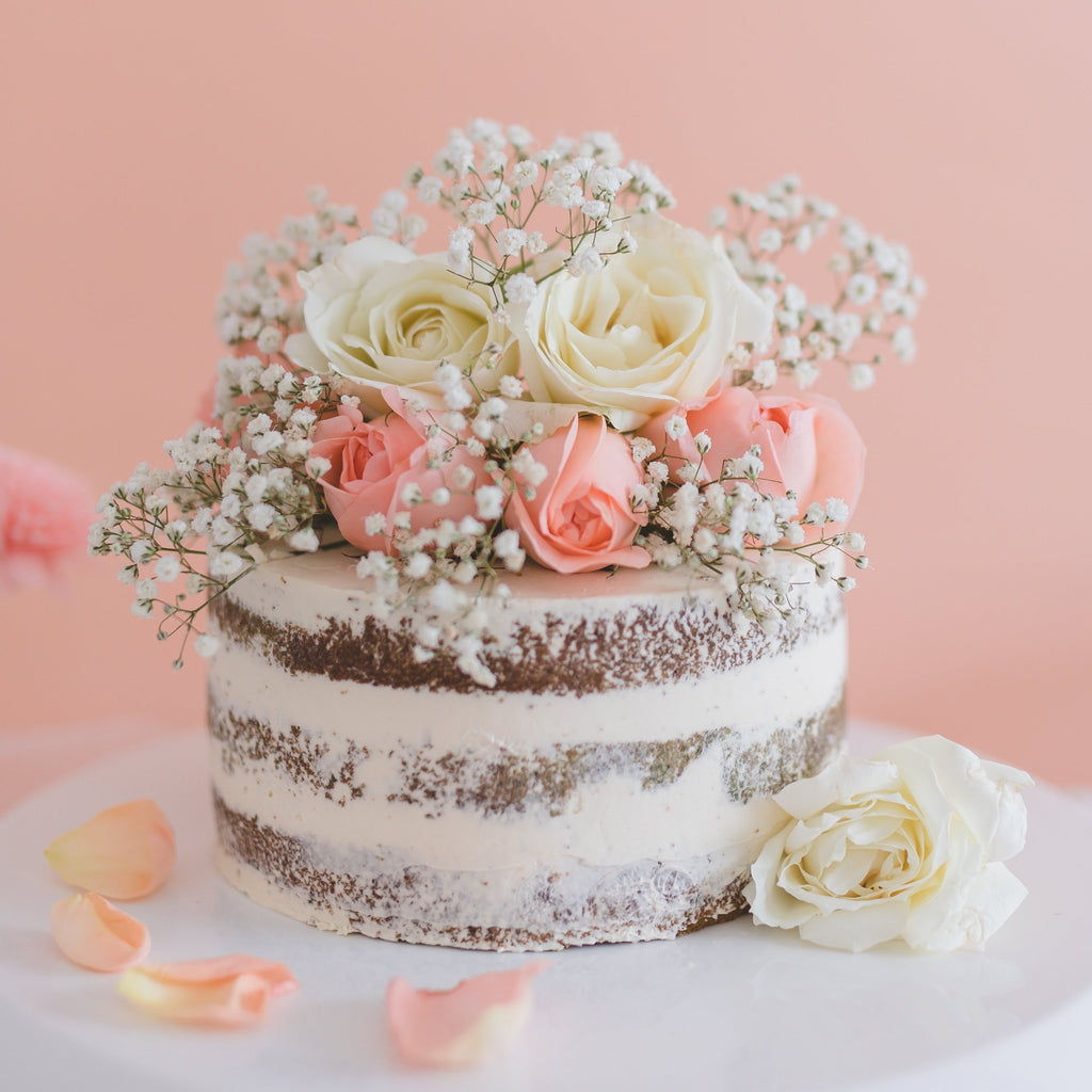 Semi Naked Cotton White Floral Cake With Dusty Pink Accents